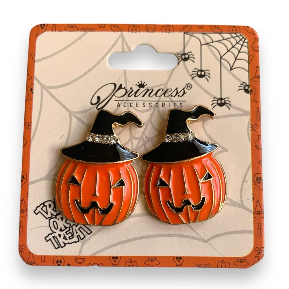 Black Witch Hat Jack- O’-Lantern Pumpkin Stud Earrings Halloween Lightweight